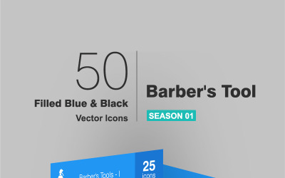 Conjunto de ícones de 50 ferramentas de barbeiro preenchidos em azul e preto