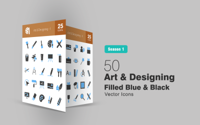 50 Conjunto de ícones preenchidos de arte e design em azul e preto
