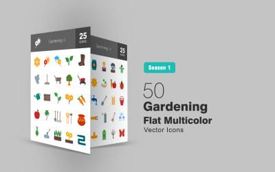 50 Gartenarbeit flache mehrfarbige Icon-Set