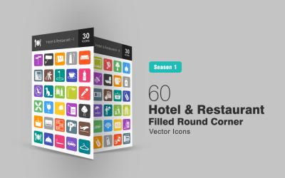 60 Hotel &amp; Restaurant Filled Round Corner Icon Set