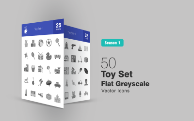 50 hraček sada plochých ikon ve stupních šedi
