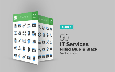 Conjunto de ícones preenchidos em azul e preto com 50 serviços de TI