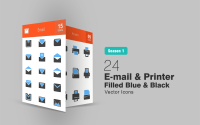 26 Conjunto de iconos azul y negro llenos de correo electrónico e impresora