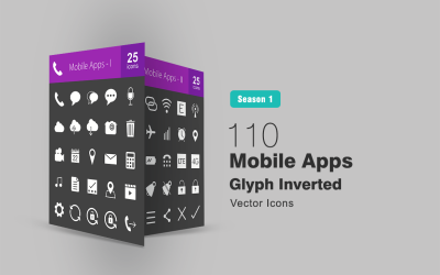 Conjunto de iconos invertidos de glifo de 110 aplicaciones móviles