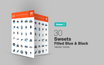 30 Sweets &amp; Confectionery Filled Blue &amp; Black Icon Set