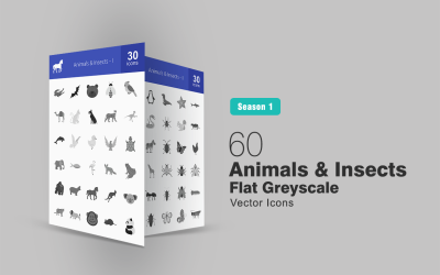 60 zwierząt i owadów płaski zestaw ikon w skali szarości
