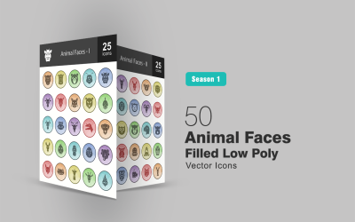 50 caras de animales llenas de Low Poly conjunto de iconos