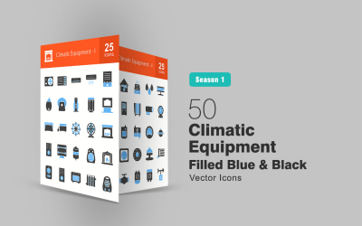 Conjunto de ícones de 50 equipamentos climáticos preenchidos em azul e preto