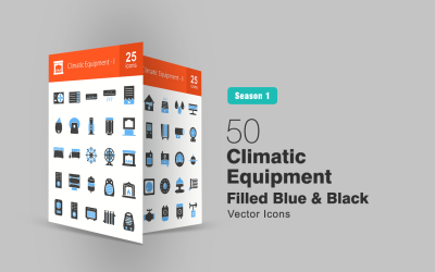 50 urządzeń klimatycznych wypełnionych niebieskim i czarnym zestawem ikon
