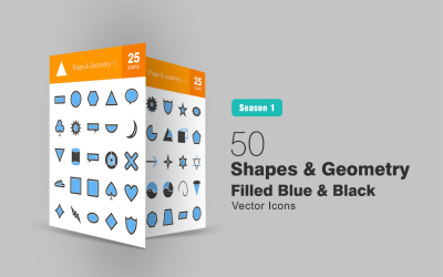 50 alakzat és geometria kitöltött kék és fekete ikon készlet
