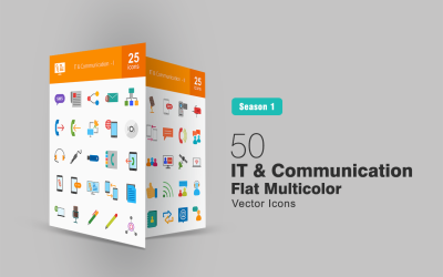 50 Conjunto de ícones planos multicoloridos de TI e comunicação