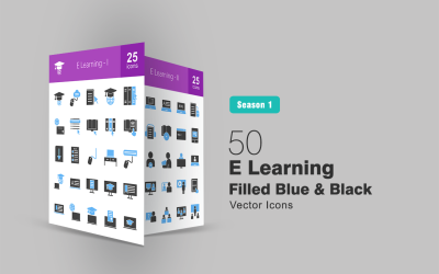 50 E Learning lleno azul y negro conjunto de iconos