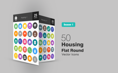 50 lakás lapos kerek ikon készlet