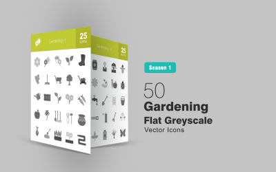 Sada 50 zahradnických plochých ikon ve stupních šedi