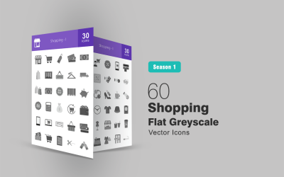 60 Set di icone piatte in scala di grigi per lo shopping