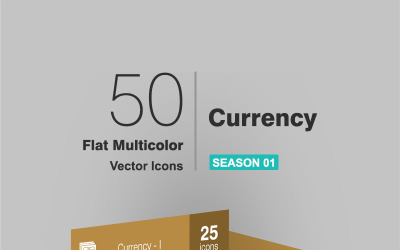 Zestaw 50 płaskich wielokolorowych ikon waluty