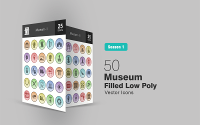 Conjunto de ícones de 50 polígonos preenchidos com museu