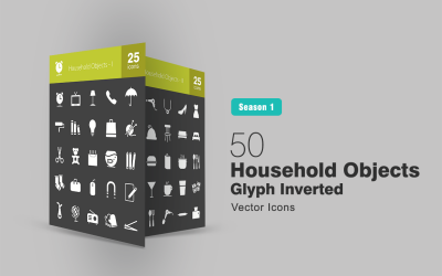 50 huishoudelijke objecten Glyph omgekeerde pictogramserie