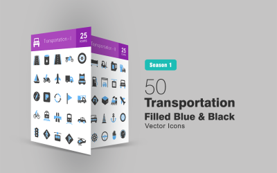 Набор из 50 синих и черных иконок, заполненных транспортными средствами