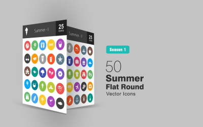 50 nyári lapos kerek ikon készlet