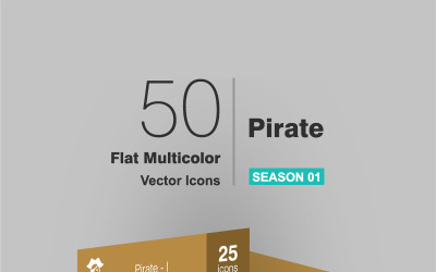 Sada 50 pirátských plochých vícebarevných ikon