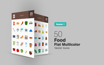 Sada 50 potravin ploché barevné ikony
