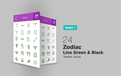 Set di 24 icone verdi e nere della linea zodiacale