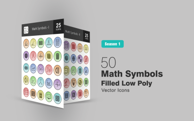 Conjunto de 50 símbolos matemáticos preenchidos com polígonos baixos