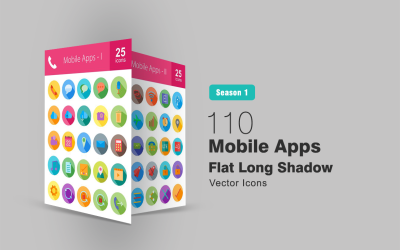 Conjunto de ícones planos de longa sombra de 110 aplicativos móveis