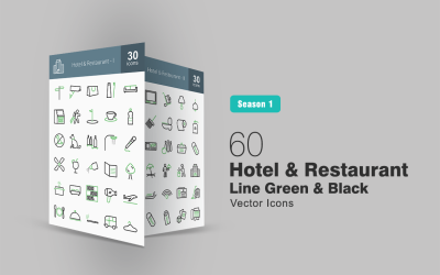 60 Hotel &amp; Restaurant Line Green &amp; Black Icon Set