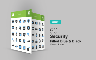 50 iconos de seguridad llenos de azul y negro