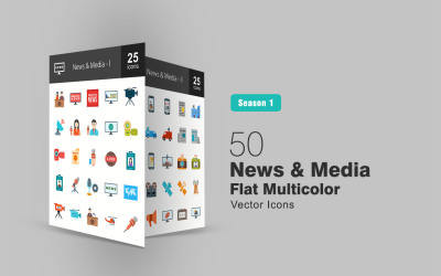 50 noticias y medios de comunicación plana multicolor conjunto de iconos