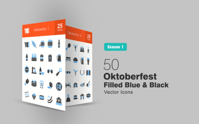 50 Oktoberfest töltött kék és fekete ikon készlet