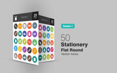 50 Stationery Flat Round Icon Set