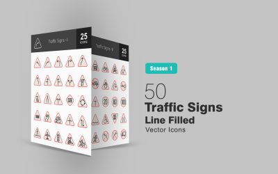 Conjunto de ícones de linha cheia de 50 sinais de trânsito