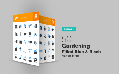 50 Conjunto de ícones preenchidos de jardinagem em azul e preto