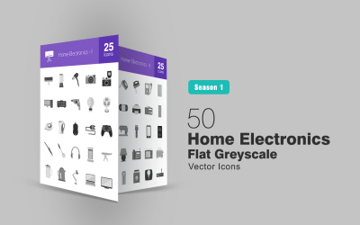Ensemble d&amp;#39;icônes de 50 niveaux de gris plat pour l&amp;#39;électronique domestique
