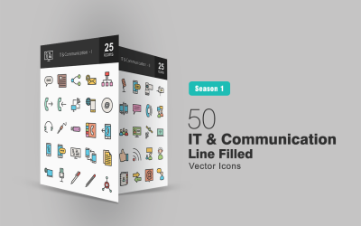 Set di 50 icone di linea riempita di comunicazione e IT