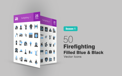 50 brandbekämpning fylld blå och svart ikonuppsättning