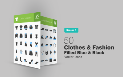 50 Clothes &amp; Fashion Filled Blue &amp; Black Icon Set
