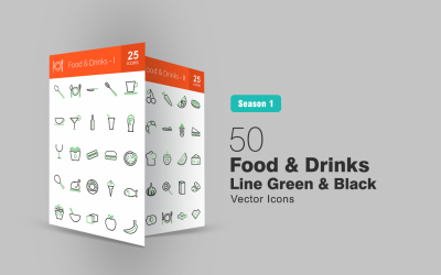 Conjunto de ícones de 50 linhas de alimentos e bebidas verde e preto