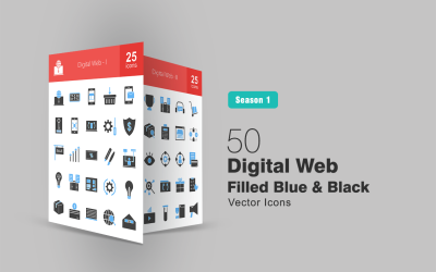 50 Dijital Web Dolgulu Mavi ve Siyah Simge Seti