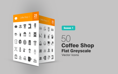 50 coffeeshop platte grijswaarden pictogramserie