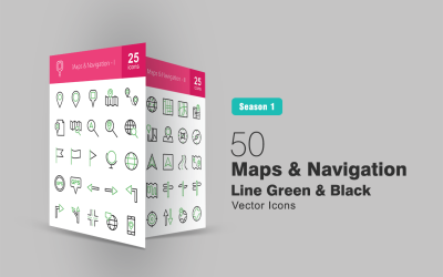 50 Maps &amp; Navigation Line Green &amp; Black Icon Set