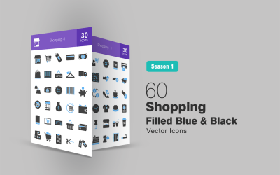 60 nakupování naplněna modrá a černá sada ikon