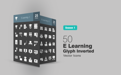 50 odwrócony zestaw ikon glifów E Learning