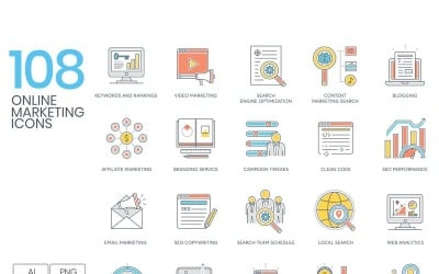 108 iconos de marketing online - conjunto de serie de línea de color