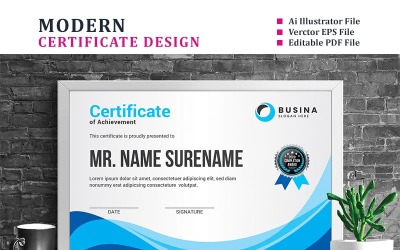Modelo de certificado azul com design ondulado