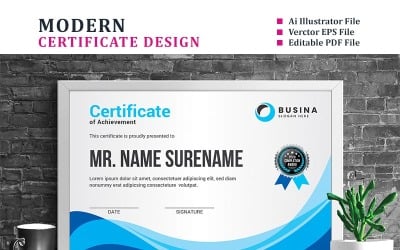 Vågig design blå certifikatmall