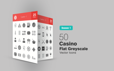 50 Casino Flat Gråskala Ikonuppsättning